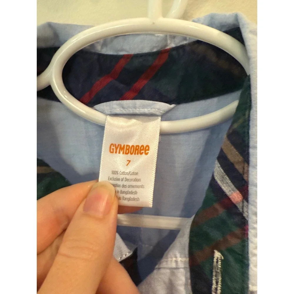 Gymboree Boys Light Blue Long Sleeve Button Down Plaid Trim Reindeer 100 cotton